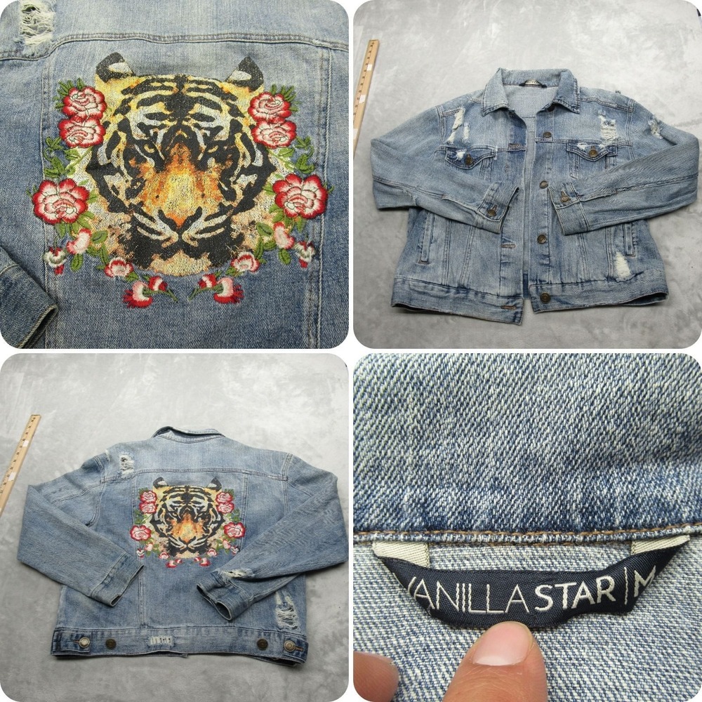 Vanilla Star Denim Jacket Womens Medium Blue Tiger Graphic‎ Distressed Button Up